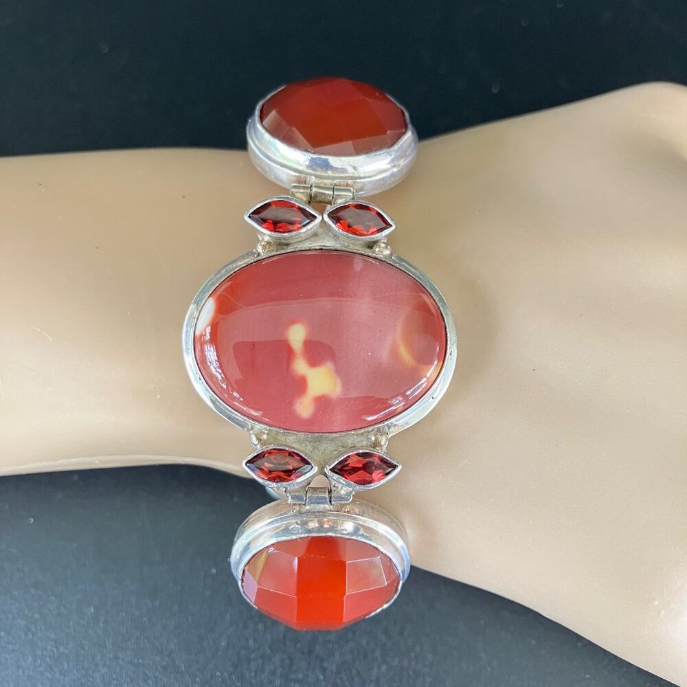 925 Silver Large Link Faceted Red Carnelian Bracelet